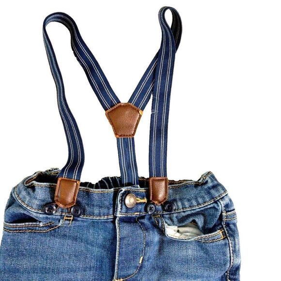 OshKosh B'Gosh Baby Boy 18-24 Month Dark Wash Denim Jeans Blue Suspenders - Picture 2 of 5